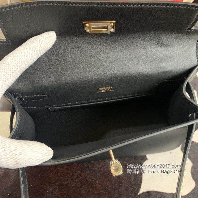 Hermes凱利女包 愛馬仕Minikelly pochette一代 原廠進口swift皮 半手工蠟線 黑色 金銀扣  tdh2266